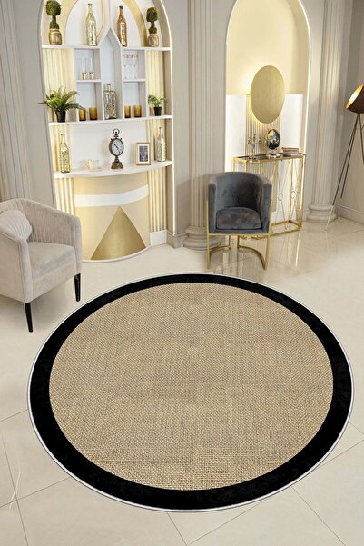 Lavita Home Dijital Baskı Yıkanabilir Kaymaz Siyah Yuvarlak Salon Halısı Mutf...