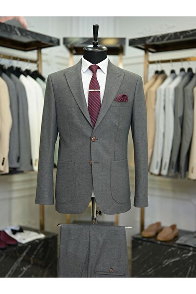 LONATOLİA Erkek Takım Elbise Premium Yarım Astarlı Punto Dikişli Torba Cepli Slim Fit Italyan Stil-füme
