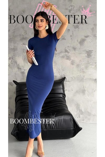BoomBester فستان نسائي طويل من القماش الرملي - كم قصير
