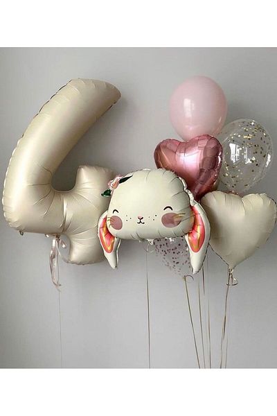 Çemrek Süs Parti Cream Beige 4 Years Old Foil Balloon Set Rabbit and Heart Concept