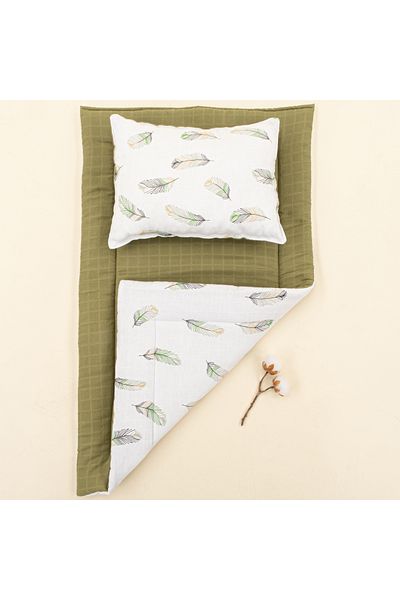 Yunikobaby Double Sided Muslin Bottom - Changing or Opening Mat and Pillow - Dark Pistachio Green Muslin - Green Feather