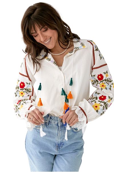 Cassime Vintage Λευκή Βαμβακερή Μπλούζα - Γυναικεία, Floral Ethnic Κεντημένη