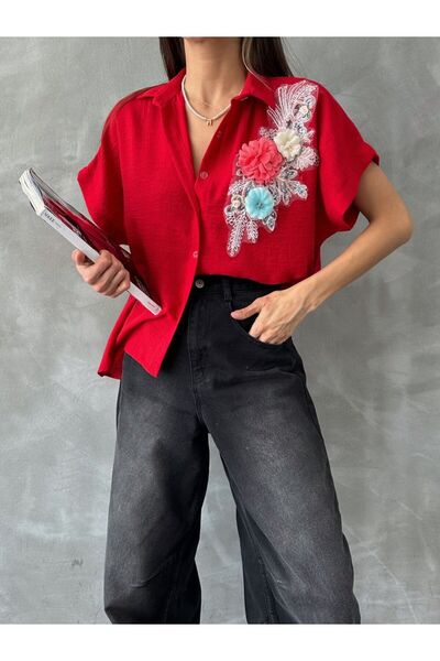 TOPSHOW Kadın Çiçek Detaylı Pul İşlemeli Keten Gömlek