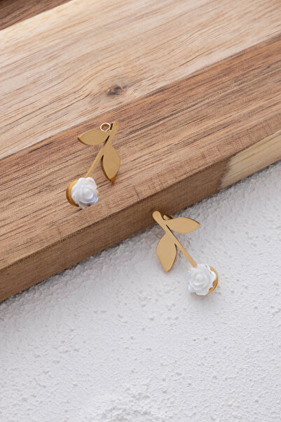 ByFlorya Jewelry أقراط من حجر الورد الأبيض - بتلات فولاذية، لوحة غير قابلة للتشويه، 2.6 سم