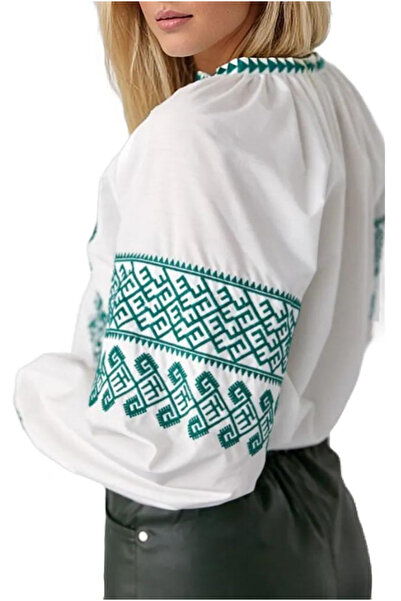 Cassime Πράσινη Vintage Ethnic Κεντημένη Γυναικεία Μπλούζα Ποπλίνα - Λευκή