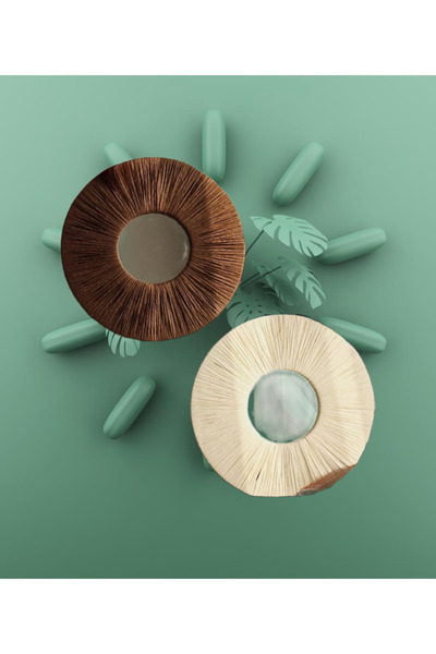 BOHEM Dekoratif kahverengi Rafya ayna seti & beyaz kahverengi bohem set