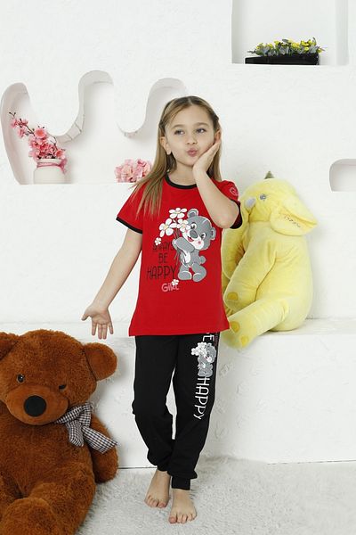 KAPİKİDS Red Short Sleeve Crew Neck Teddy Bear Printed Pajama Set - Girl