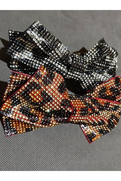 Zehra Aksesuar Full kristal taşlı leopar desenli çift katlı fiyonk model otom...