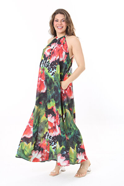 Şans Colorful Halter Neck Plus Size Crepe Chiffon Dress - Buttoned, Unlined 65N37986