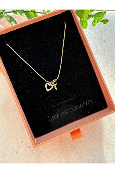 LUCKY ACCESSORIES Çelik Harf ve Zirkon Taşlı Kalp Kolye F Harfi