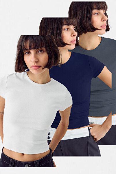 VODENS Body de damă din 3 piese alb bleumarin antracit - pantaloni scurti 100...