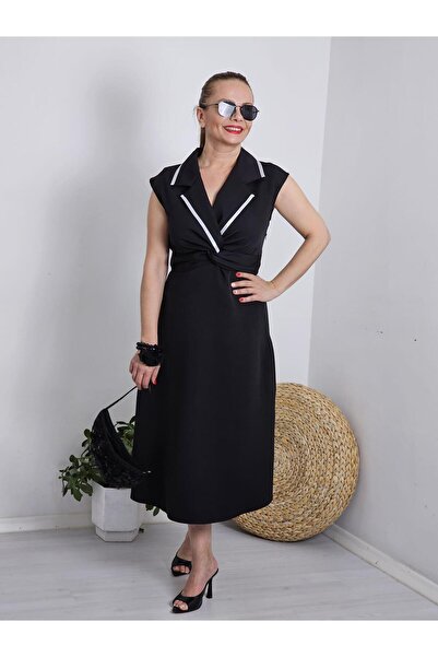 Felix Butik FELİX12034 Yaka Biyeli Kruvaze Ara Boy Siyah Elbise