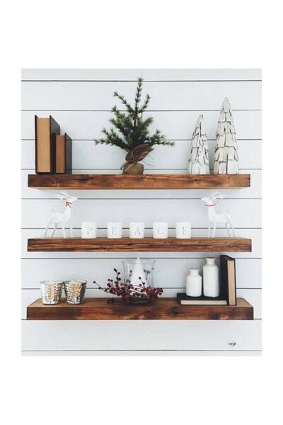 Ahşap Desen Çam Masif Ahşap 3'lü Dekoratif Duvar Rafı Kitaplık Ve Çiçeklik Ra...