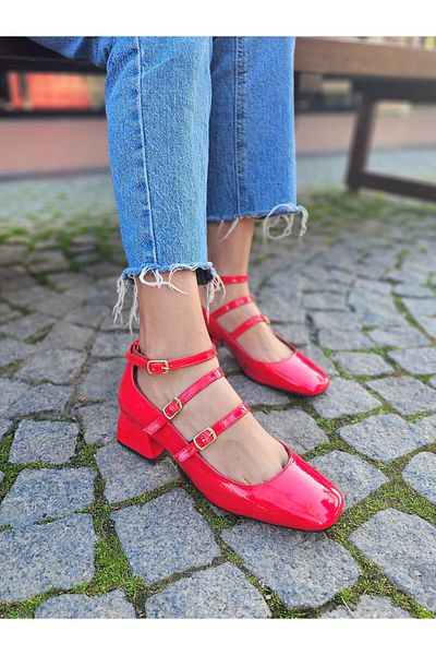 EPTC RED 3-Stripes Closed Back Mary Jane Square Blunt Toe Heeled Shoes ScallopedShoes 1NO LARGE