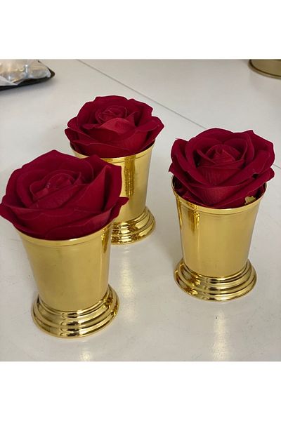 Elzemm store GOLD COATED 3-PIECE ROSE BUCKET RED VELVET INCLUDES ROSES