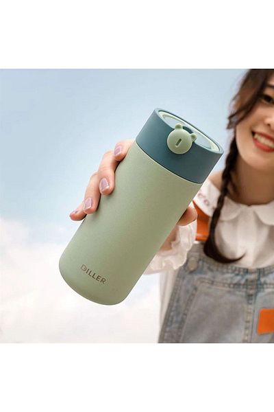 DILLER Lovely Bear Thermo Bottle - Mint Green Silicone, Steel Flask with Strap Strainer, 420ml Pastel