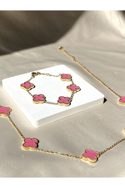 Inure Jewelry Van Cleef Pink Clover Model Women's Steel (NECKLACE & BRACELET) Set of 2
