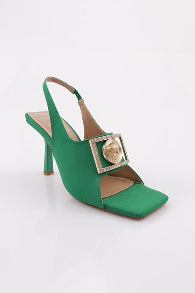 DGN Sandale cu toc pentru femei, cu vârf tocit, cu accesorii metalice, satin verde 91723236