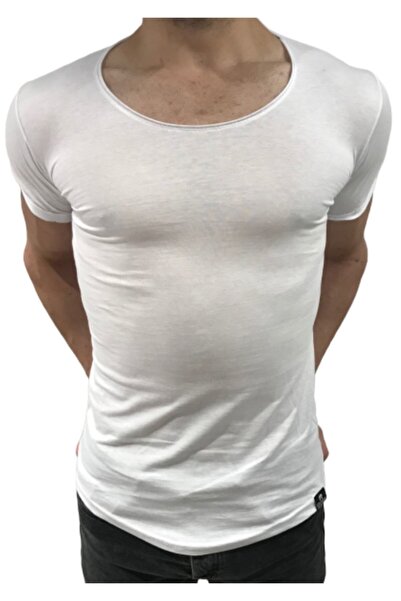 BYBÜLENT Erkek Oval Yaka Tişört Açık Yaka Likralı Slim Fit T-shirt Beyaz Vr013