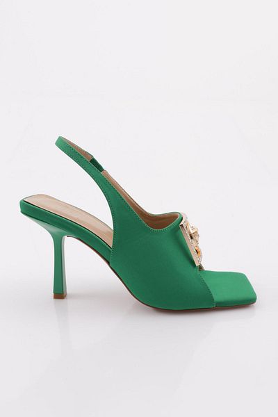 DGN Sandale cu toc pentru femei, cu vârf tocit, cu accesorii metalice, satin verde 91723236