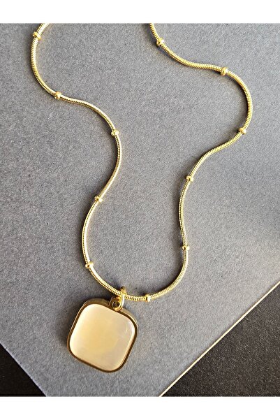 Di&Ba Co. Çelik Kararmaz Beyaz Opal Kare Kolye Gold