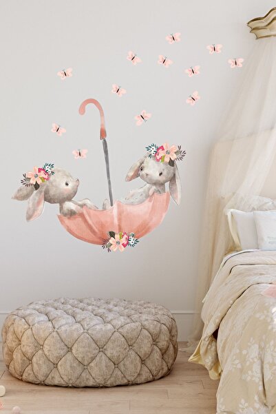 Sim Tasarım Pembe Şemsiyeli Sevimli Tavşanlar 50 Cm Duvar Sticker Seti