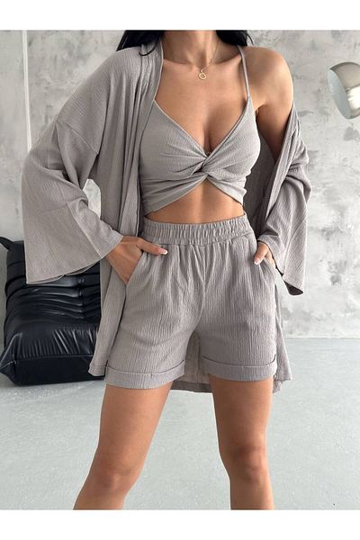 SUYA US WEAR Kimono and Wrap Fabric Shorts Set - Strappy Blouse