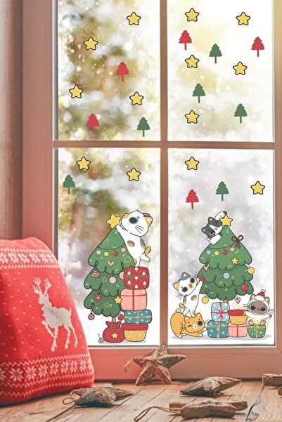 Kt Grup Autocolant pentru fereastră de Crăciun cu pisici drăguțe