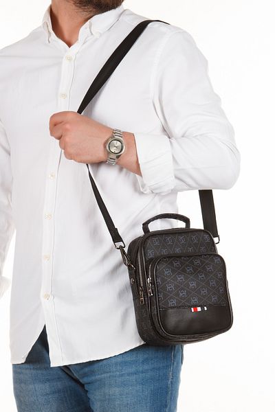 Newish Men's Black Patterned Hand and Shoulder Bag and Mechanical Wallet Set