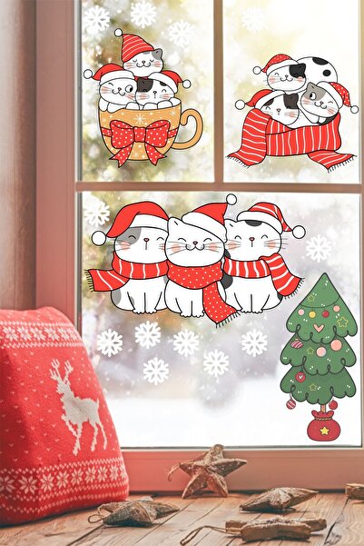Kt Grup Set de autocolante pentru fereastră de Anul Nou cu tematică drăguțe pisici obraznice Camera bebelușului pentru copii