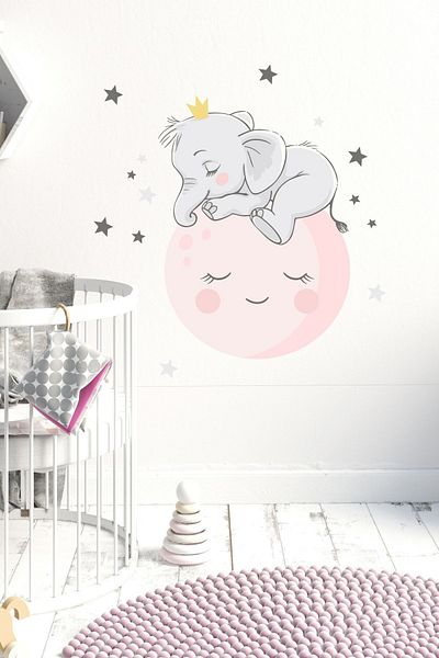 Sim Tasarım Sleepy Elephant and Moon Wall Sticker Set
