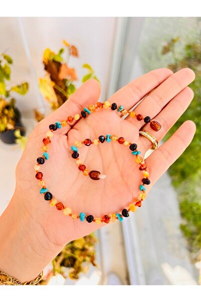 Kehribarkolyecimm Baltık Damla Kolye Firuze Taşlı Multicolor