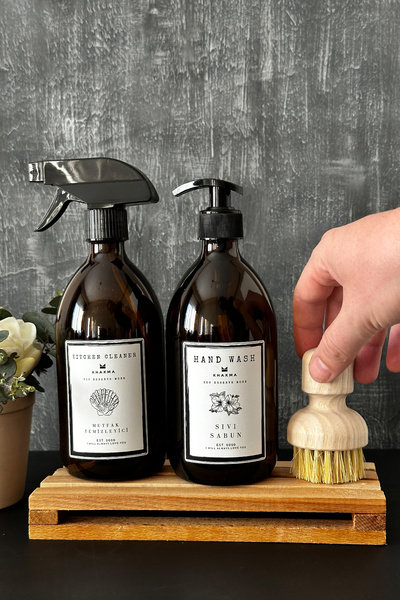 KHAKMA Μπουκάλι καθαριστικού υγρού σαπουνιού από κεχριμπαρένιο γυαλί 2 τεμαχίων με ξύλινη βάση και βούρτσα, δοχείο σαπουνιού Bhbkcset