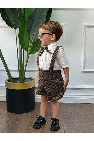 Ares Kids Fashion Λευκό κοντομάνικο πουκάμισο και καφέ Houndstooth Salopet γιορτινό και ιδιαίτερο καθημερινό δώρο για αγόρια για κορίτσια