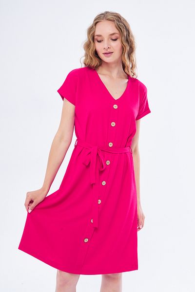 Moda Işık Κοντομάνικο φόρεμα με σκούρο ροζ κουμπιά