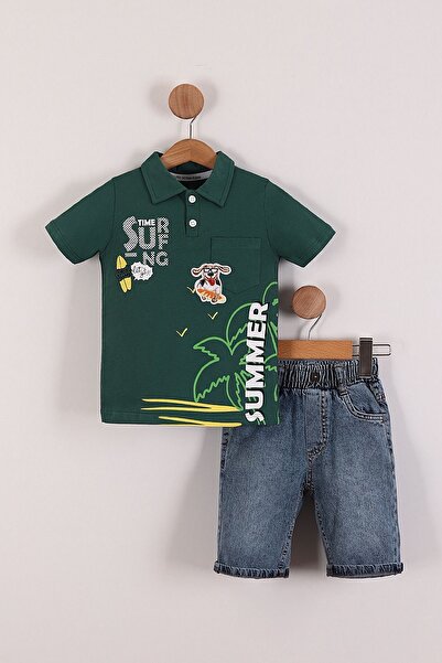 Pollito طقم تي شيرت صيفي للأولاد مطبوع بياقة بولو من الجينز مكون من قطعتين