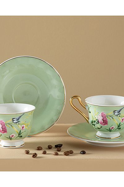 English Home Vanilla New Bone China 4 Pieces Coffee Cup Set for 2 Persons 90 Ml Light Green