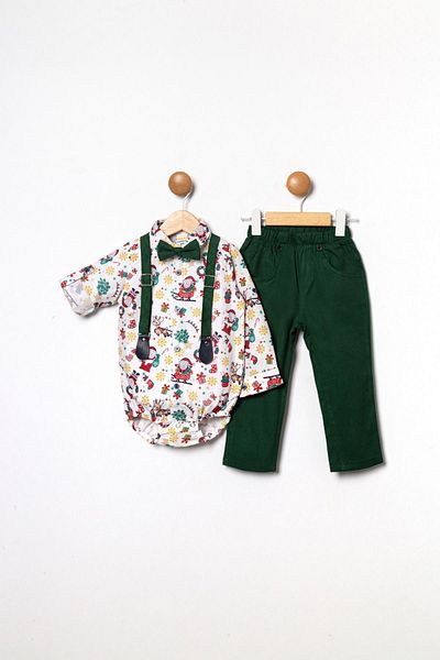 Pollito Baby Boy New Year's Themed Monthly White Shirt Gabardine Trousers Set of 4