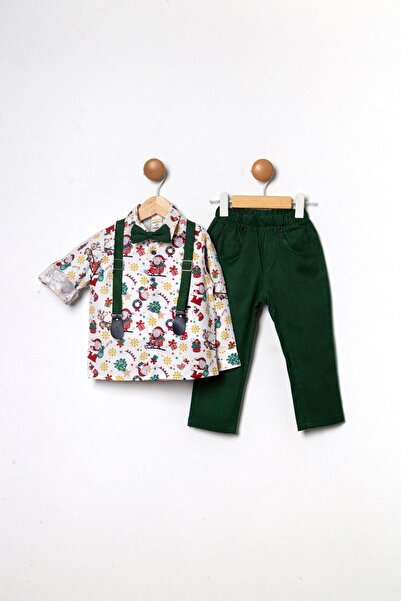 Pollito Boy's New Year's Themed White Shirt Gabardine Trousers Set of 4