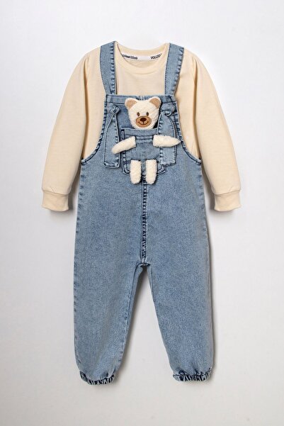 Pollito Unisex Children's Strap Tied Teddy Toy 2-Piece Blue Denim Salopet