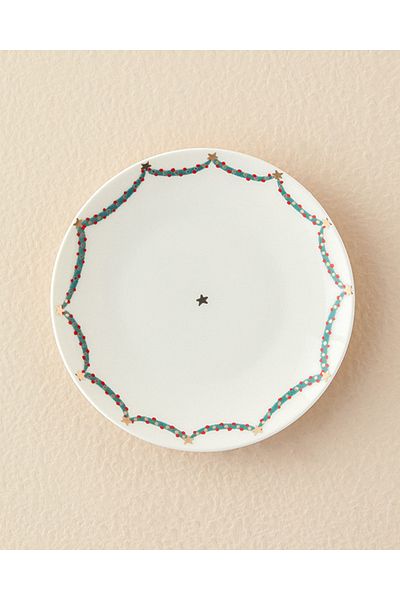 English Home 20 Cm White - Green Cheerful Star Bone Porcelain Cake Plate