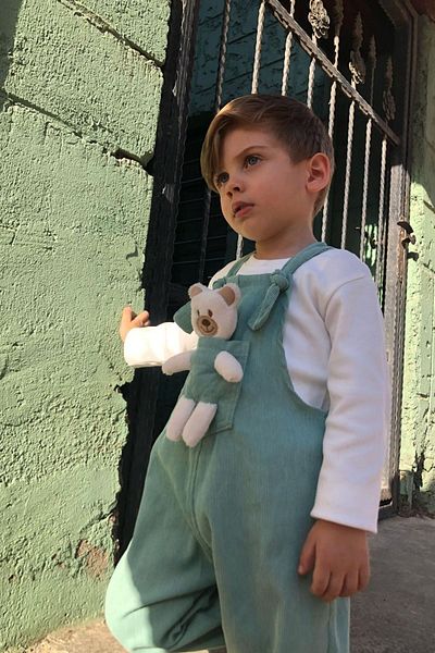 Pollito Unisex Boy Line Ribbed Green Teddy Toy 2-Piece Salopet