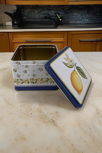 EVLE 2.2 lt Lemon Patterned Square Metal Storage Container - 15.8 x 15.8 x 8.7 cm
