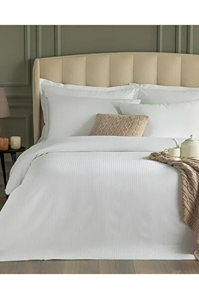 English Home Deluxe Çizgili Pamuk Saten King Size Nevresim Takımı Beyaz