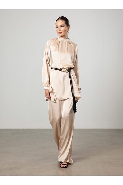 Refka Stone Colored Satin Tunic and Trousers Set of Two - Lacing Sleeve Detail - Refka
