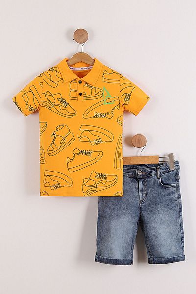 Pollito Boy's Shoe Printed Polo Collar T-shirt Jeans Shorts 2-Piece Set