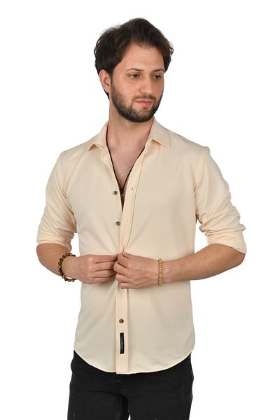 DeepSEA Μπεζ Slim Fit ανδρικό πλεκτό πουκάμισο - 2309480