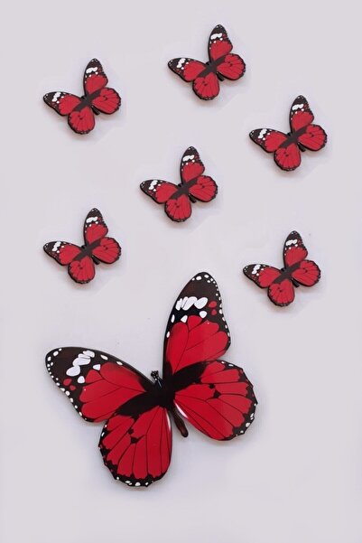 AKIN AKSESUAR HEDİYELİK Kelebek Figürlü 6 Parça Kırmızı Ahşap Duvar Yapıştırm...