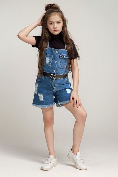 Riccotarz Tricou pentru fetiță cu gât, pantaloni scurți din denim, salopete cu buzunar cu bretele