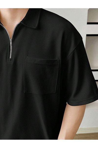 GENIUS STORE Ανδρικό μπλουζάκι με λαιμόκοψη με μαύρη βάφλα με φερμουάρ